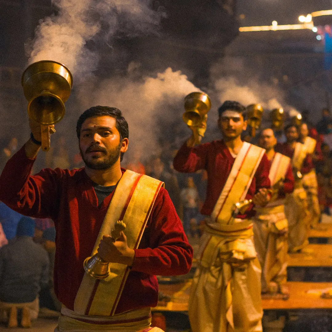 Varanasi Ganga Aarti Dashashwamedh Ghat evening lamps spiritual arrival day 1